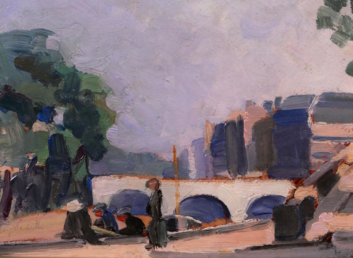 Lucienne Capdevielle 1885–1961 Paris, The Bridge, Painting, Ca. 1930, Art Deco Landscape
