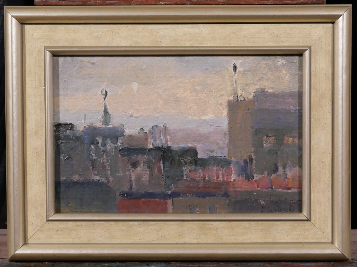 Lucienne Capdevielle 1885–1961 Paris, Rooftops, Painting, Ca. 1930, Art Deco Landscape-photo-2