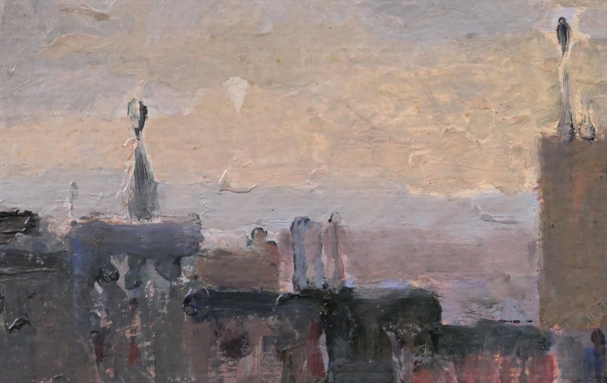 Lucienne Capdevielle 1885–1961 Paris, Rooftops, Painting, Ca. 1930, Art Deco Landscape-photo-1