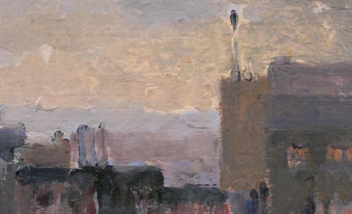 Lucienne Capdevielle 1885–1961 Paris, Rooftops, Painting, Ca. 1930, Art Deco Landscape-photo-2