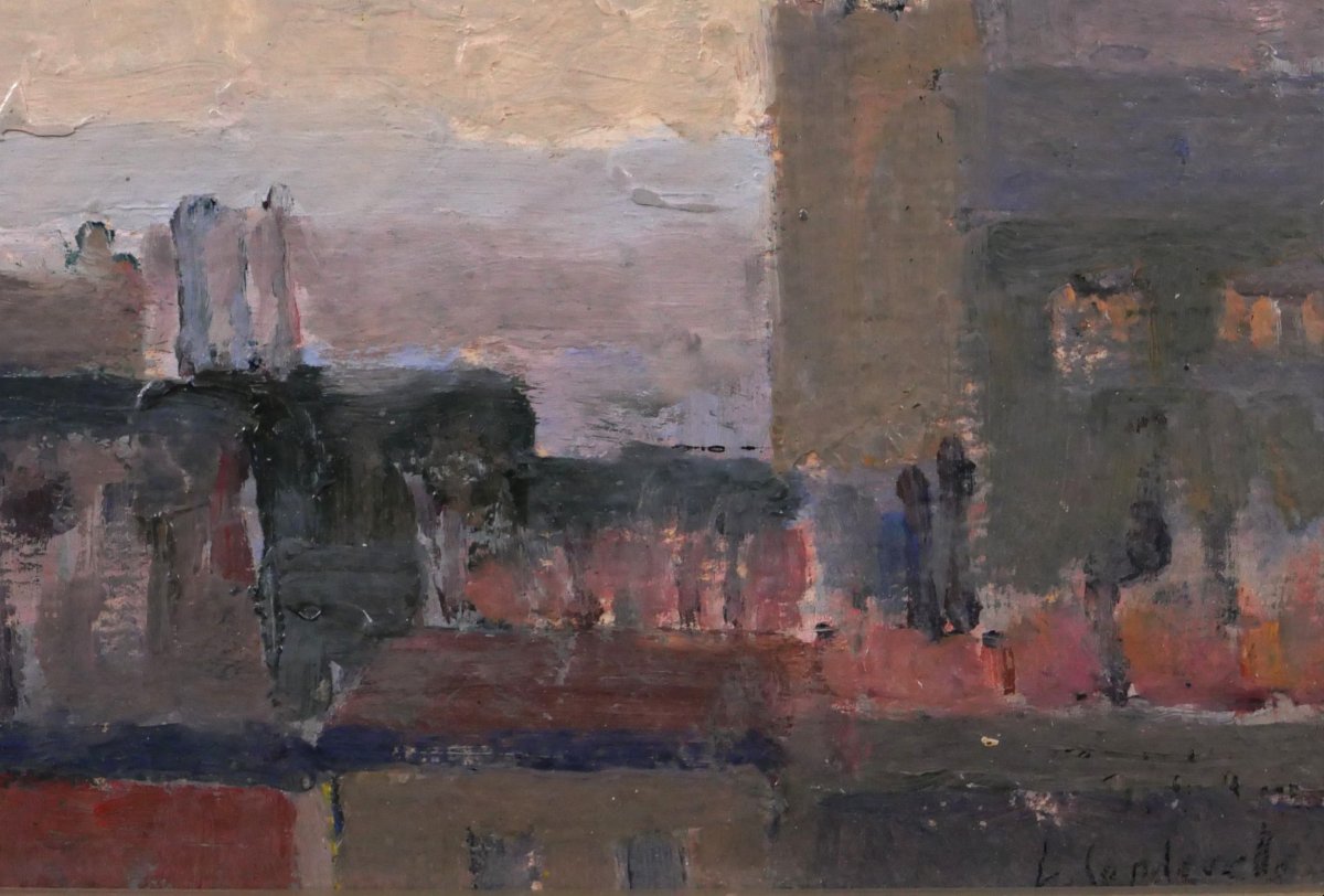 Lucienne Capdevielle 1885–1961 Paris, Rooftops, Painting, Ca. 1930, Art Deco Landscape-photo-3