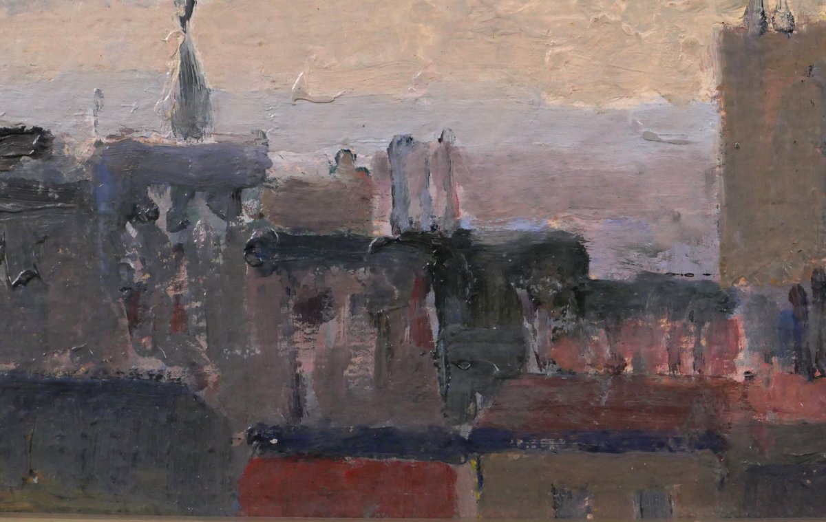 Lucienne Capdevielle 1885–1961 Paris, Rooftops, Painting, Ca. 1930, Art Deco Landscape-photo-4