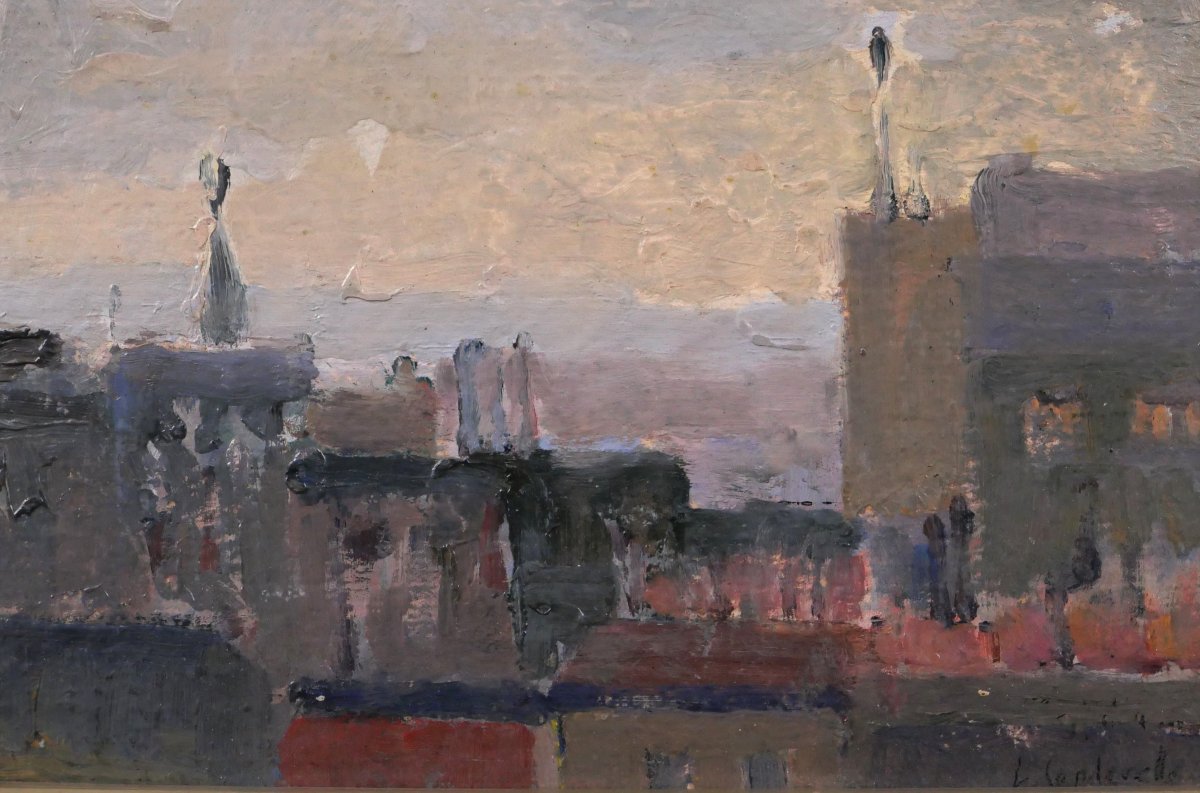 Lucienne Capdevielle 1885–1961 Paris, Rooftops, Painting, Ca. 1930, Art Deco Landscape