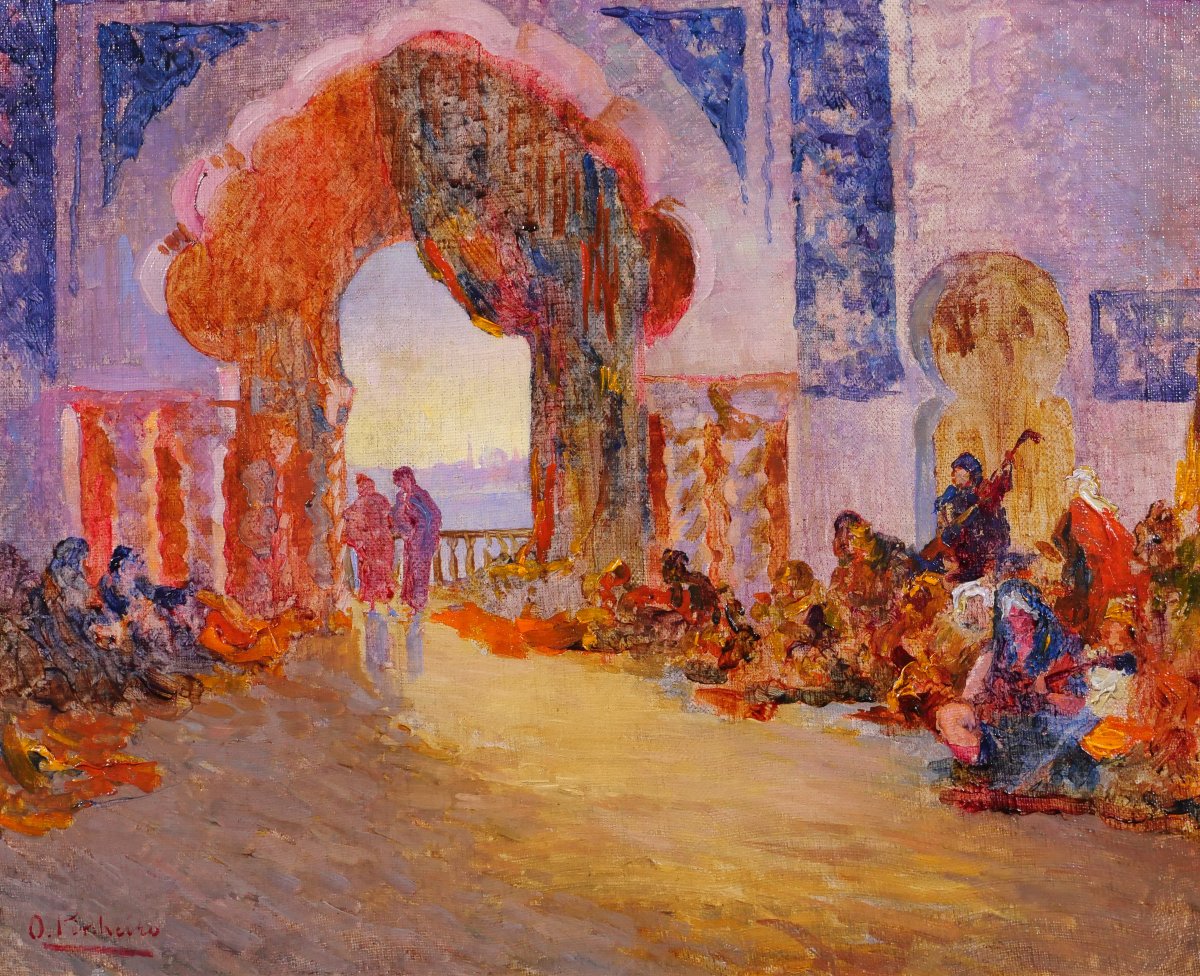 Oswaldo PINHEIRO 1890-1923 Le concert dans le palais, tableau orientaliste vers 1910-20 harem