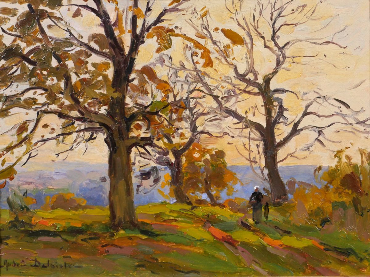 André DELAISTRE 1865-1931 Paysage aux arbres, tableau vers 1910 impressionnisme