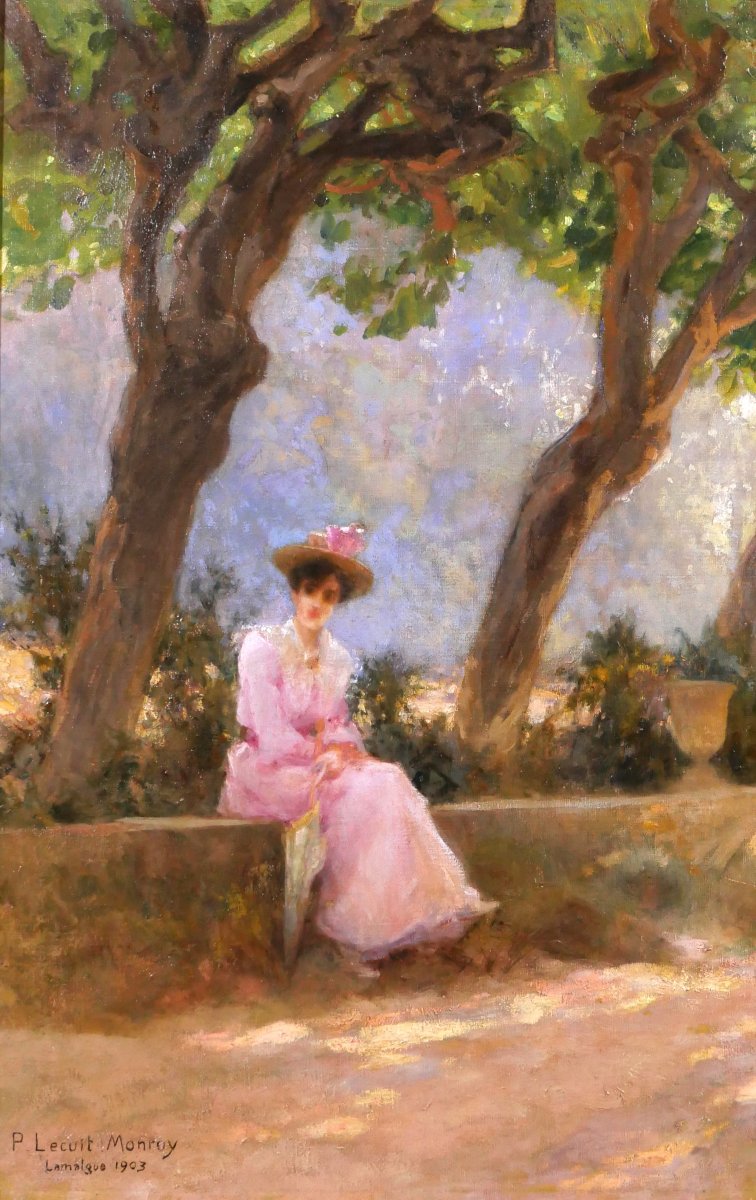 Paul Lecuit-monroy 1858–1926 Woman Seated Under The Trees, Oil Painting, 1903 Toulon, Impressionism