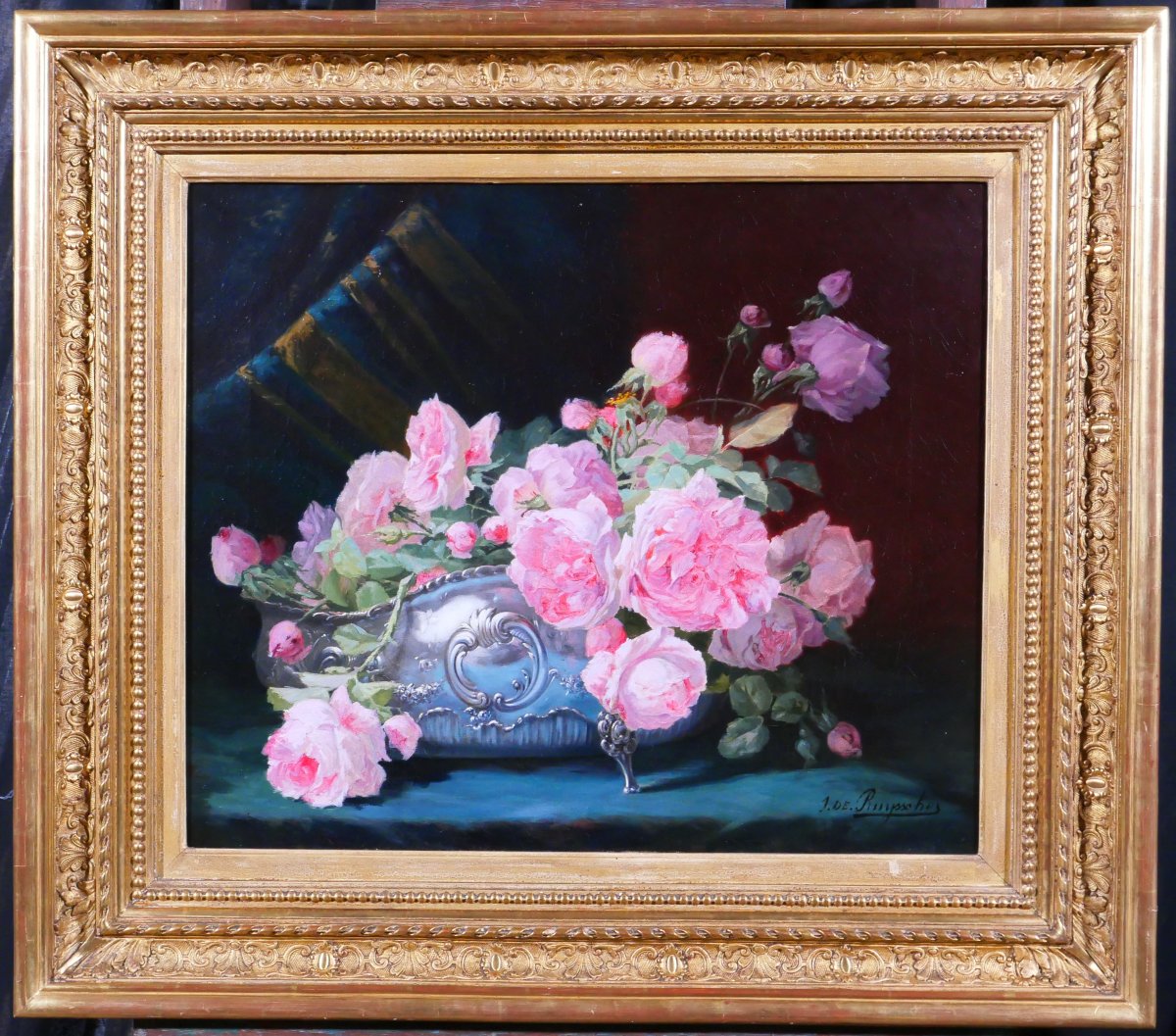 Joseph de Ruysscher 1840-1905 Nature morte aux roses, tableau, vers 1880 fleurs bouquet-photo-2