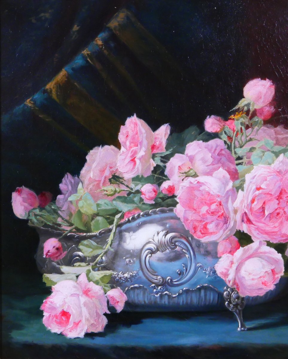 Joseph de Ruysscher 1840-1905 Nature morte aux roses, tableau, vers 1880 fleurs bouquet-photo-3