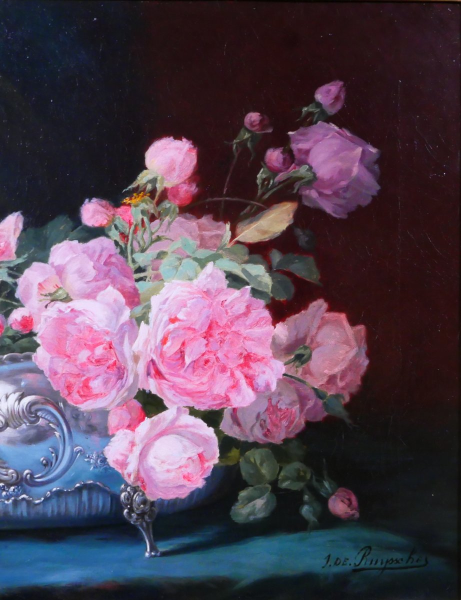 Joseph de Ruysscher 1840-1905 Nature morte aux roses, tableau, vers 1880 fleurs bouquet-photo-4