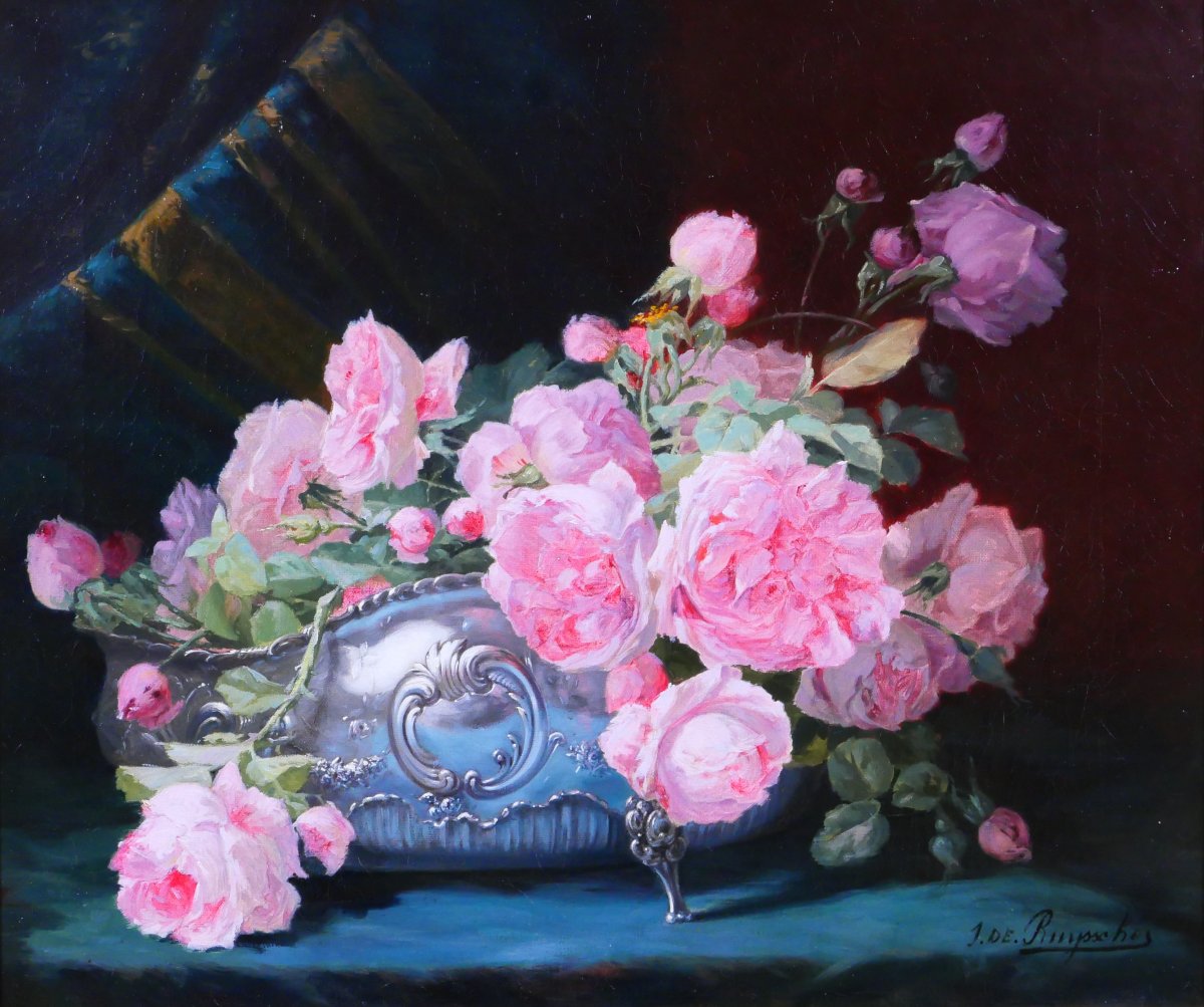 Joseph de Ruysscher 1840-1905 Nature morte aux roses, tableau, vers 1880 fleurs bouquet