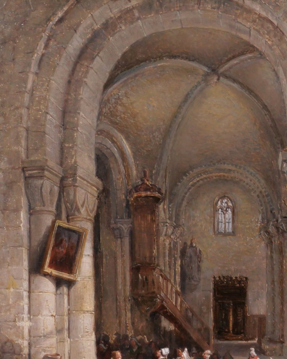 Edme Dumée 1792-1861 Rouen, intérieur d'église, tableau 1849 romantisme Normandie-photo-1