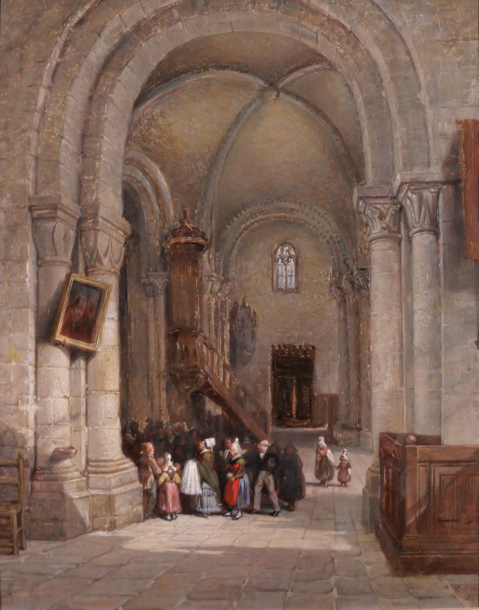 Edme Dumée 1792-1861 Rouen, intérieur d'église, tableau 1849 romantisme Normandie
