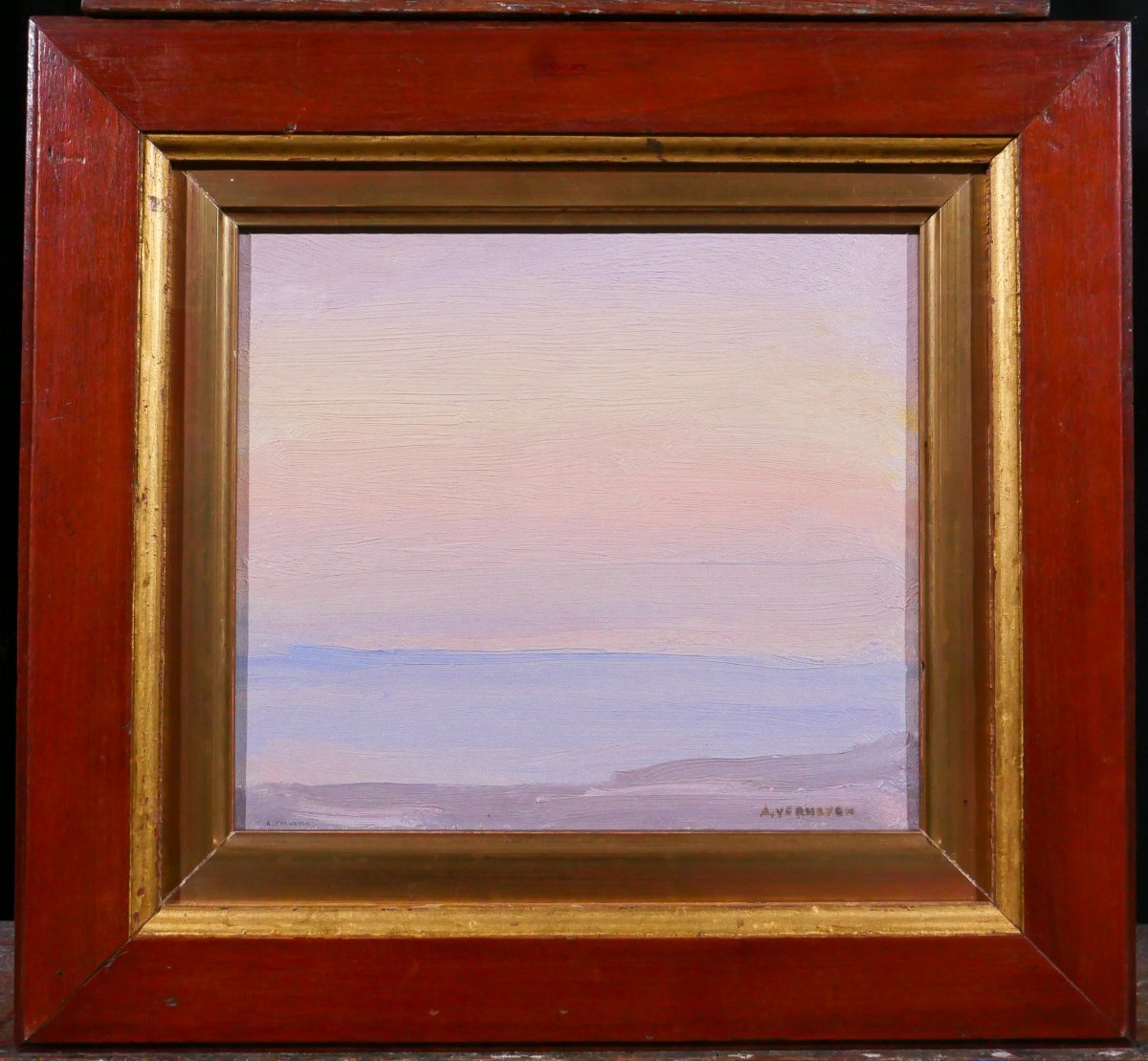 Alfons Verheyen 1903-1990 Coucher de soleil sur la mer, tableau, vers 1930 paysage plage mer-photo-2