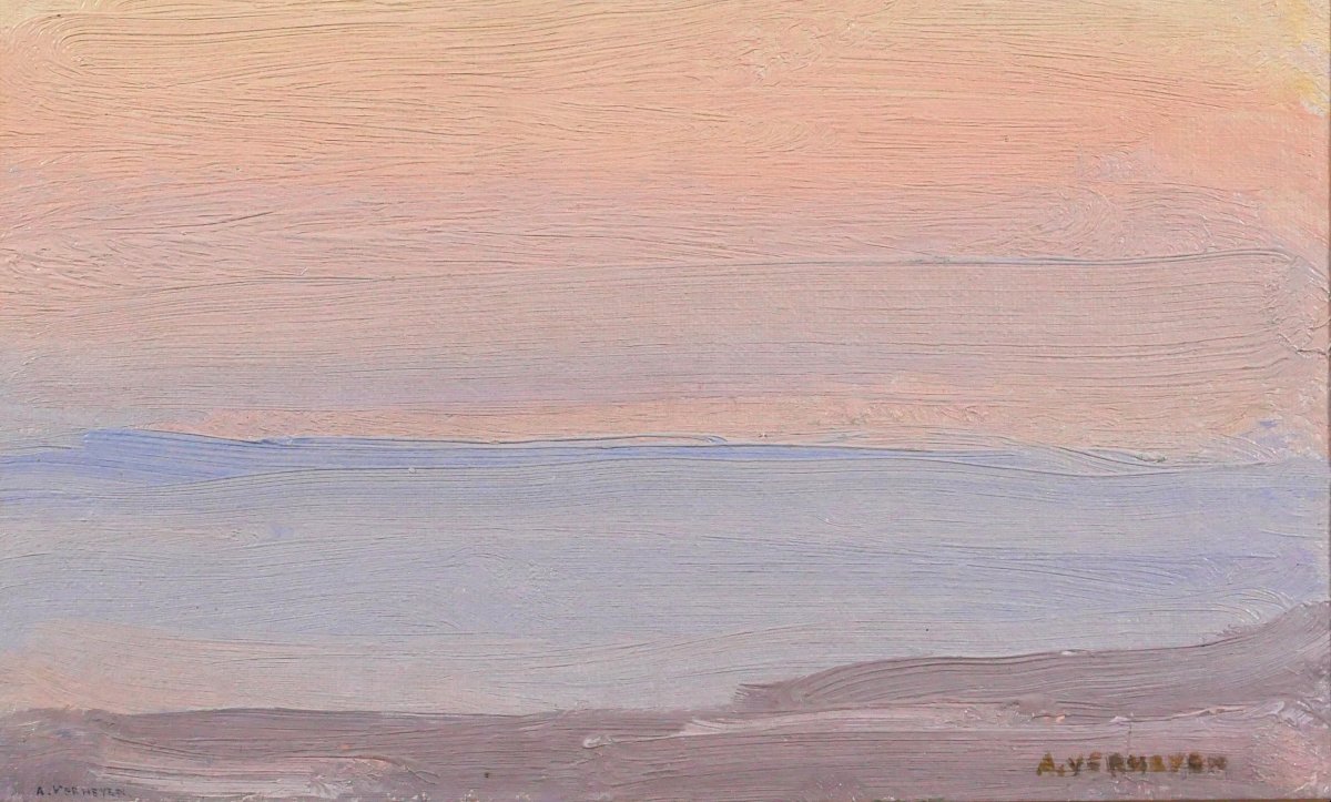 Alfons Verheyen 1903-1990 Coucher de soleil sur la mer, tableau, vers 1930 paysage plage mer-photo-4