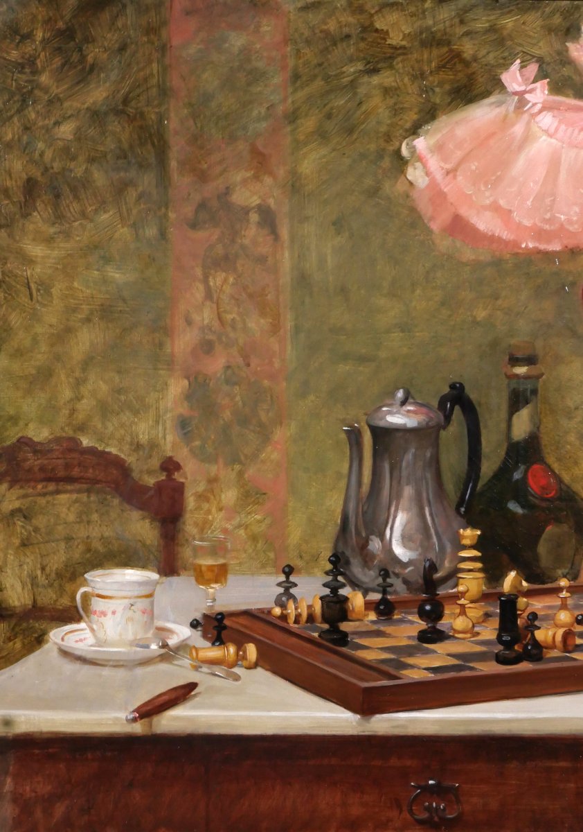 Pierre BONNAUD 1865-1930 Nature morte à l'échiquier, tableau, vers 1900, échec impressionnisme-photo-3