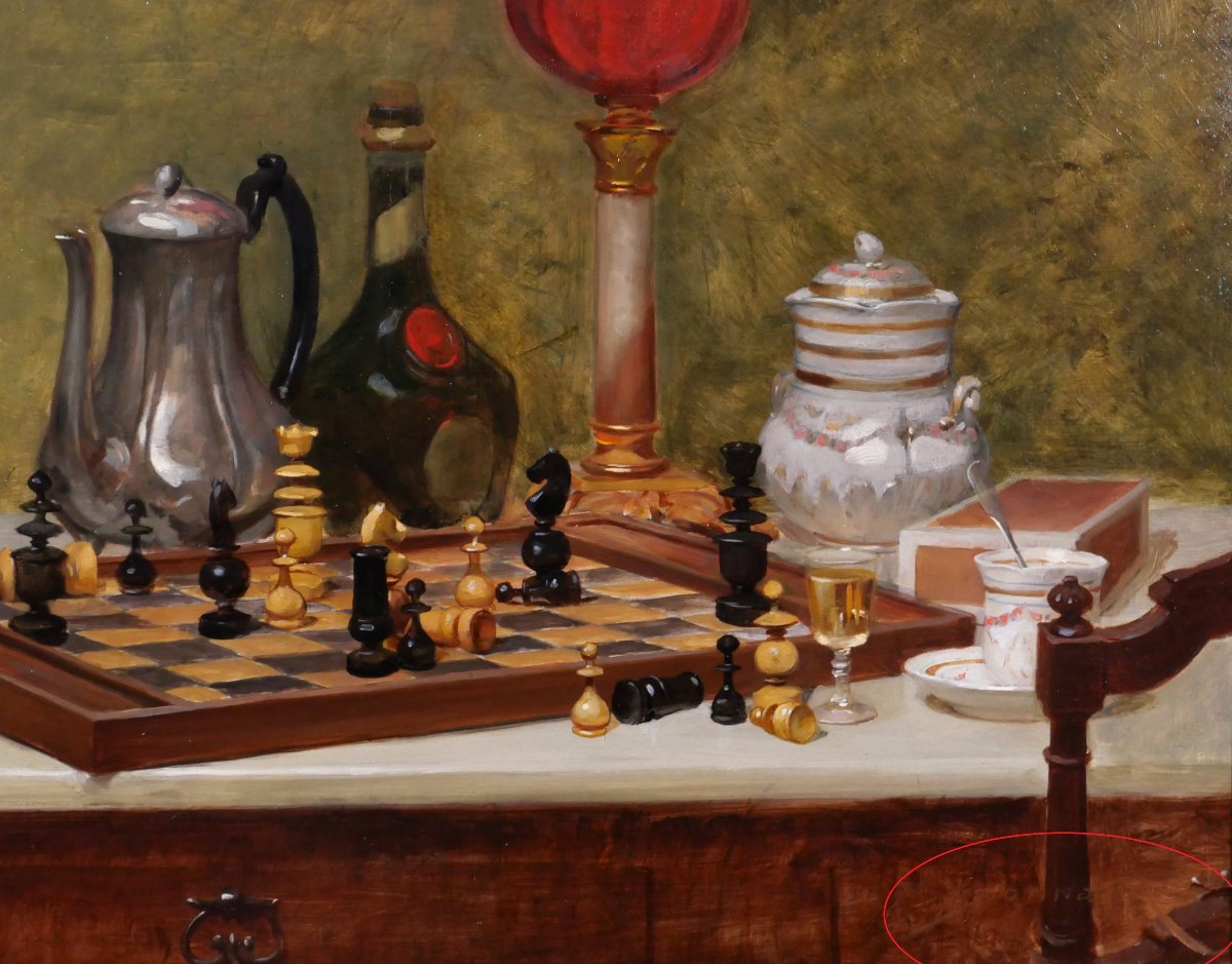 Pierre BONNAUD 1865-1930 Nature morte à l'échiquier, tableau, vers 1900, échec impressionnisme-photo-5