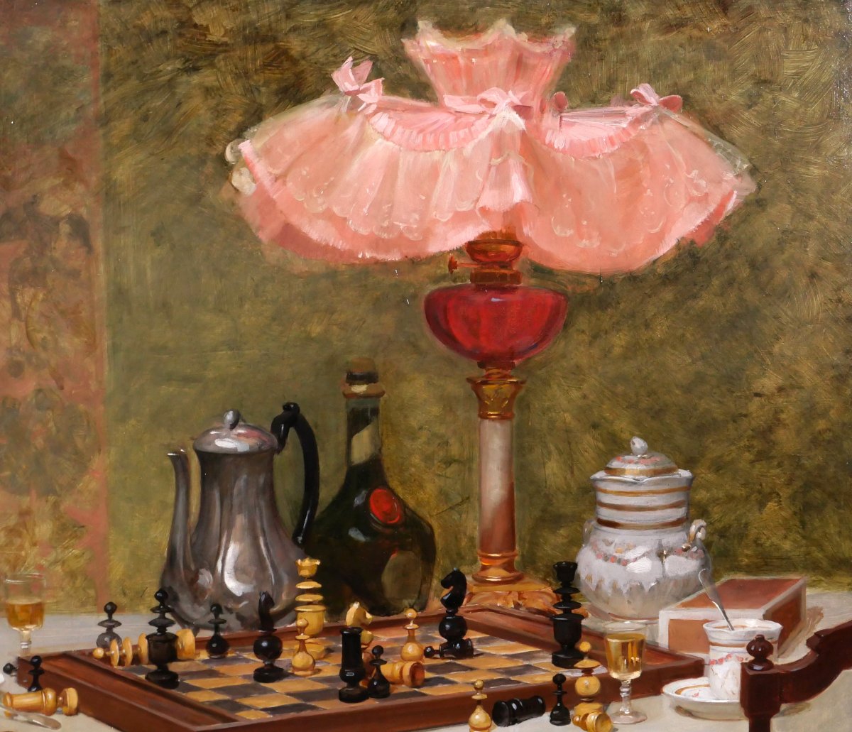 Pierre BONNAUD 1865-1930 Nature morte à l'échiquier, tableau, vers 1900, échec impressionnisme-photo-2