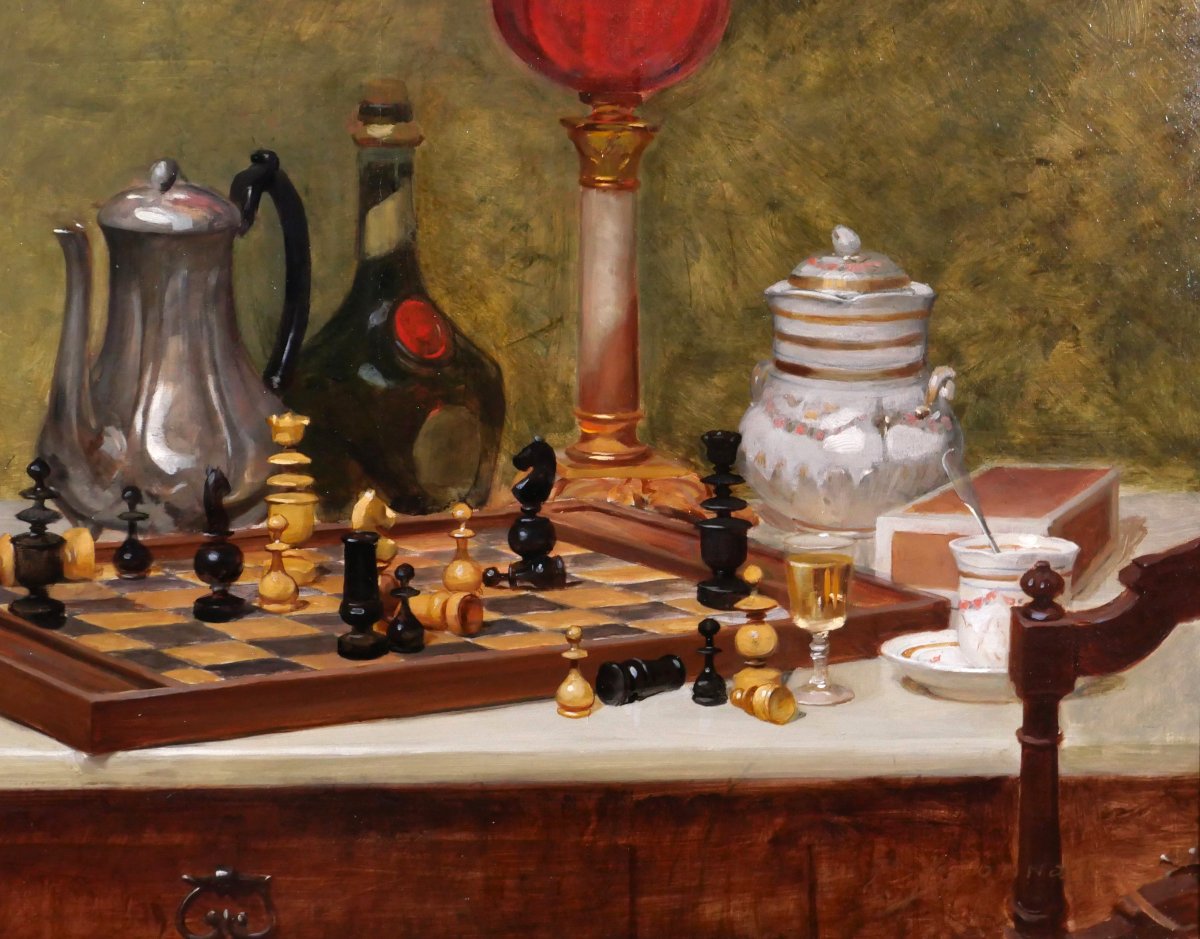 Pierre BONNAUD 1865-1930 Nature morte à l'échiquier, tableau, vers 1900, échec impressionnisme-photo-3