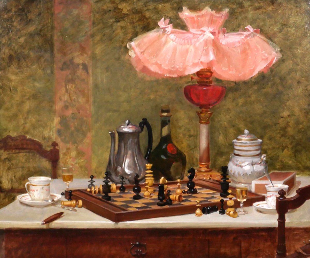 Pierre BONNAUD 1865-1930 Nature morte à l'échiquier, tableau, vers 1900, échec impressionnisme