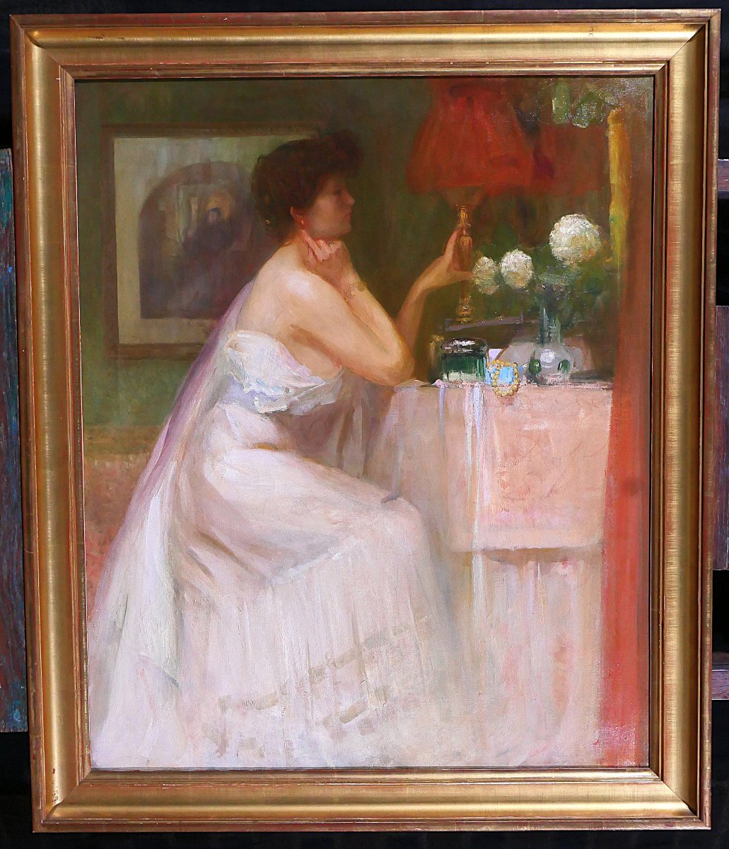 Charles Rambert 1867–1932 Woman At Her Mirror, Painting, Ca. 1900, Interior Impressionism-photo-2