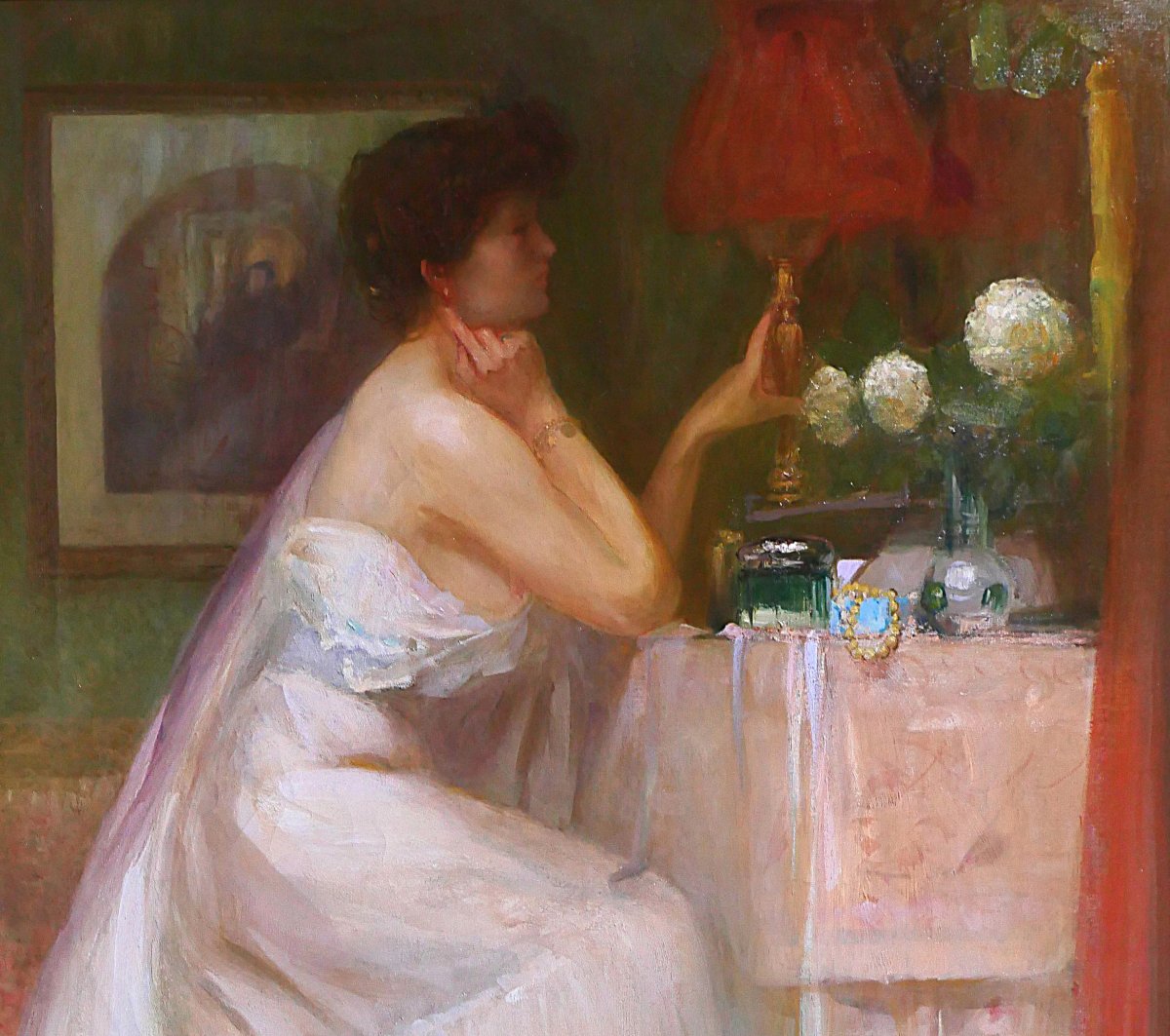 Charles Rambert 1867–1932 Woman At Her Mirror, Painting, Ca. 1900, Interior Impressionism-photo-3