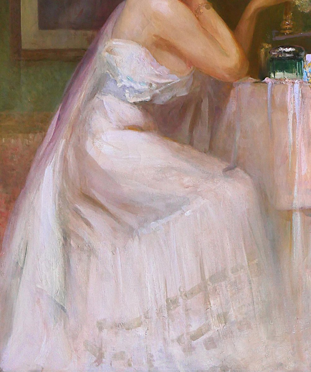 Charles Rambert 1867–1932 Woman At Her Mirror, Painting, Ca. 1900, Interior Impressionism-photo-4