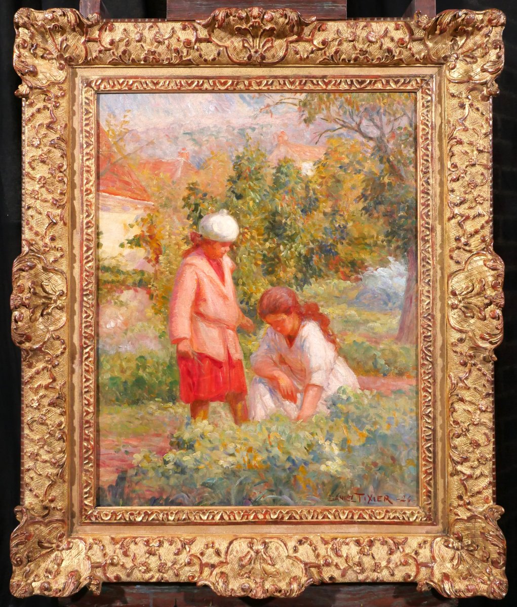 Daniel TIXIER 1866-1949 Jeunes filles au jardin, tableau 1924 potager enfant impressionnisme-photo-2