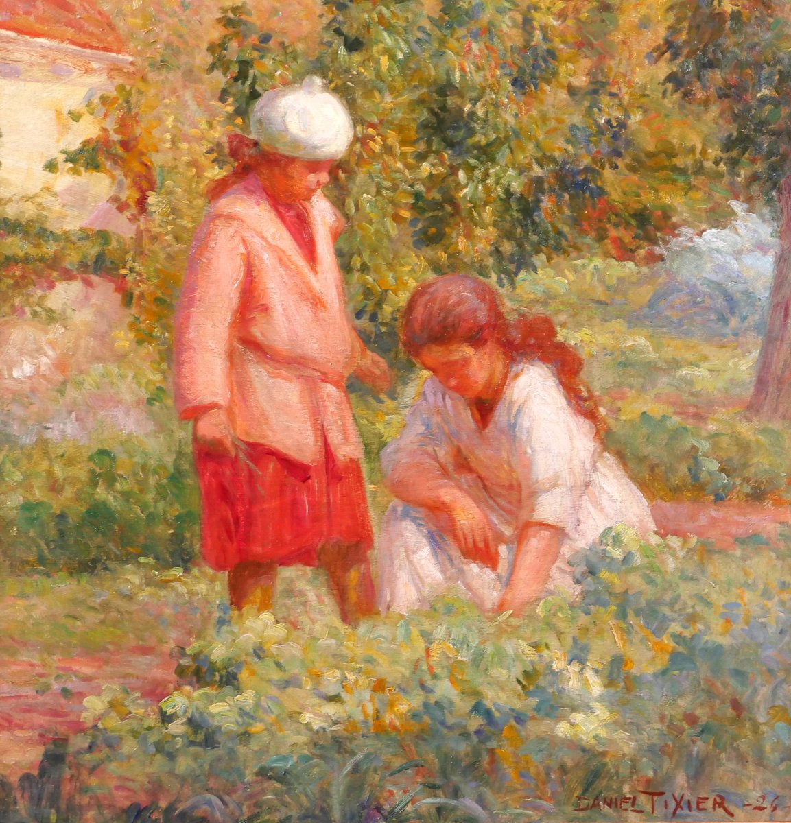 Daniel TIXIER 1866-1949 Jeunes filles au jardin, tableau 1924 potager enfant impressionnisme-photo-1