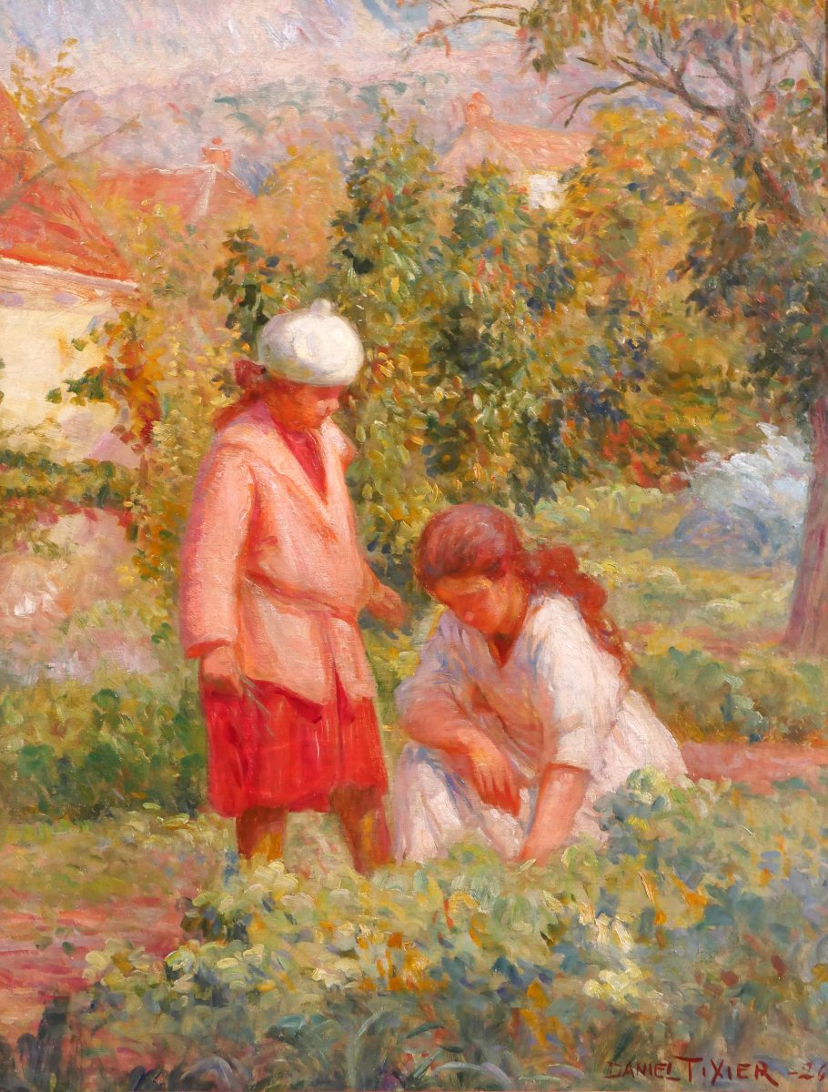 Daniel TIXIER 1866-1949 Jeunes filles au jardin, tableau 1924 potager enfant impressionnisme