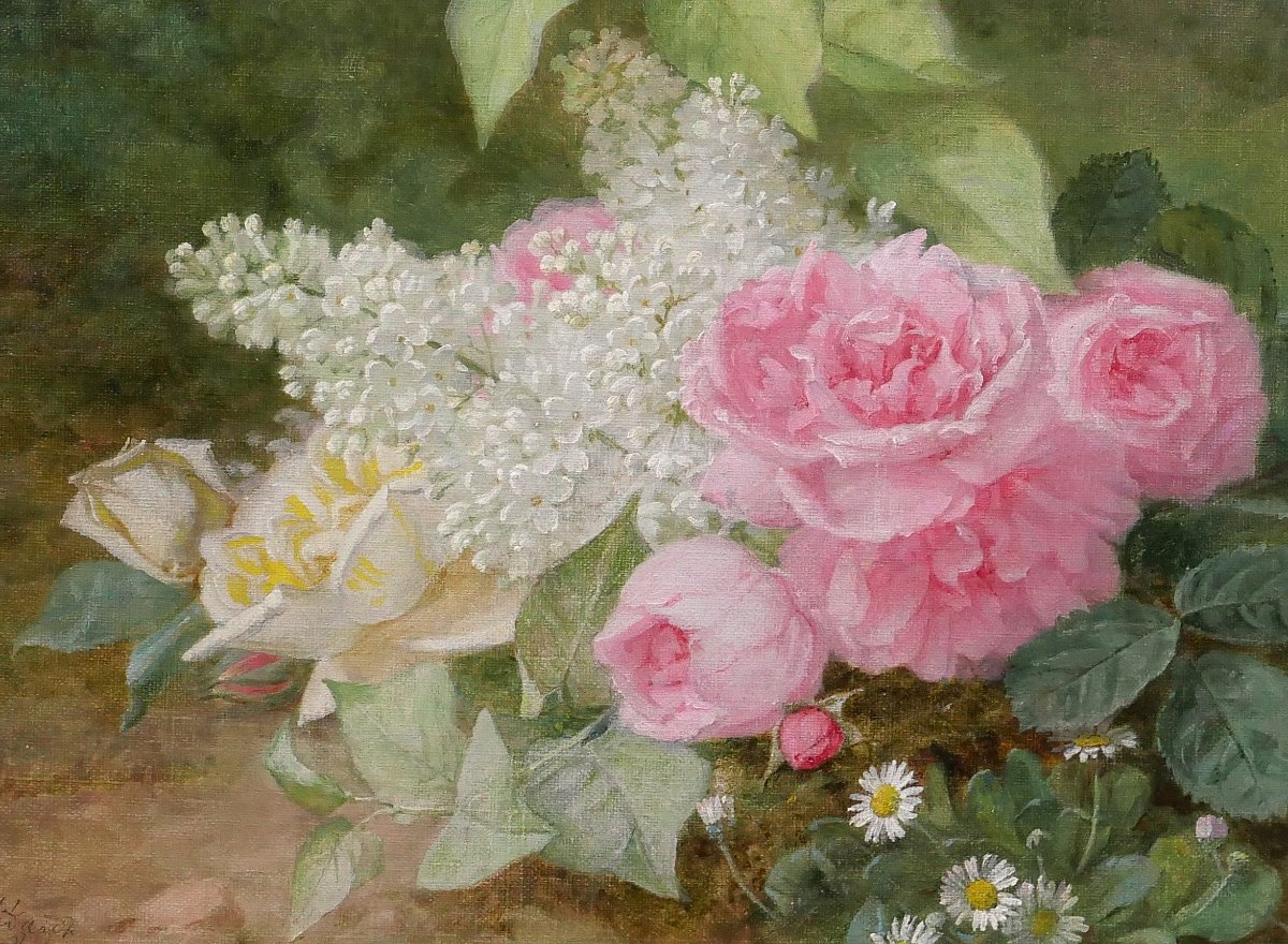 Jules Médard 1855–1925 Bouquet Of Flowers, Roses, Lilacs, Painting, C. 1900, Still Life, Garden-photo-1