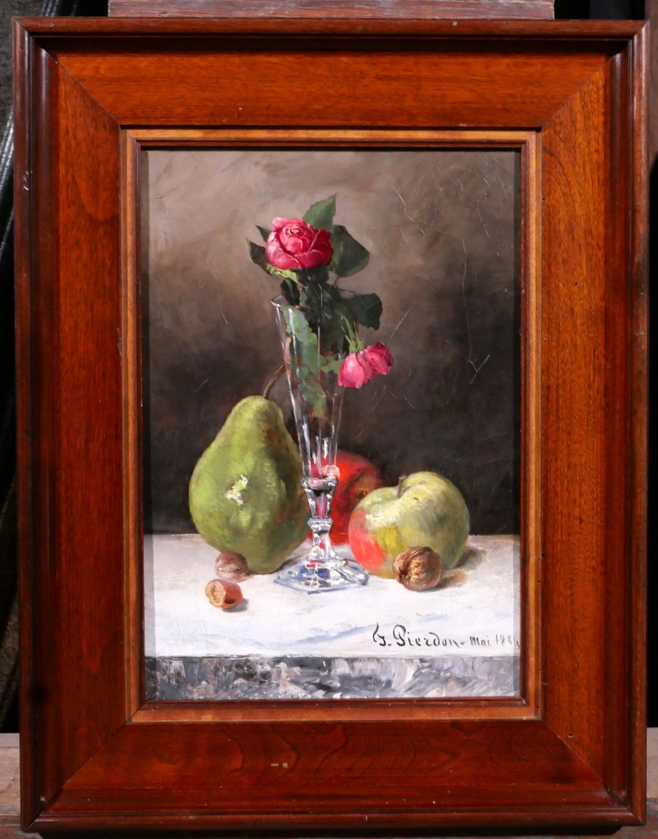 François Pierdon 1821-1904 Nature morte aux roses et aux fruits, tableau, 1884 impressionnisme-photo-2