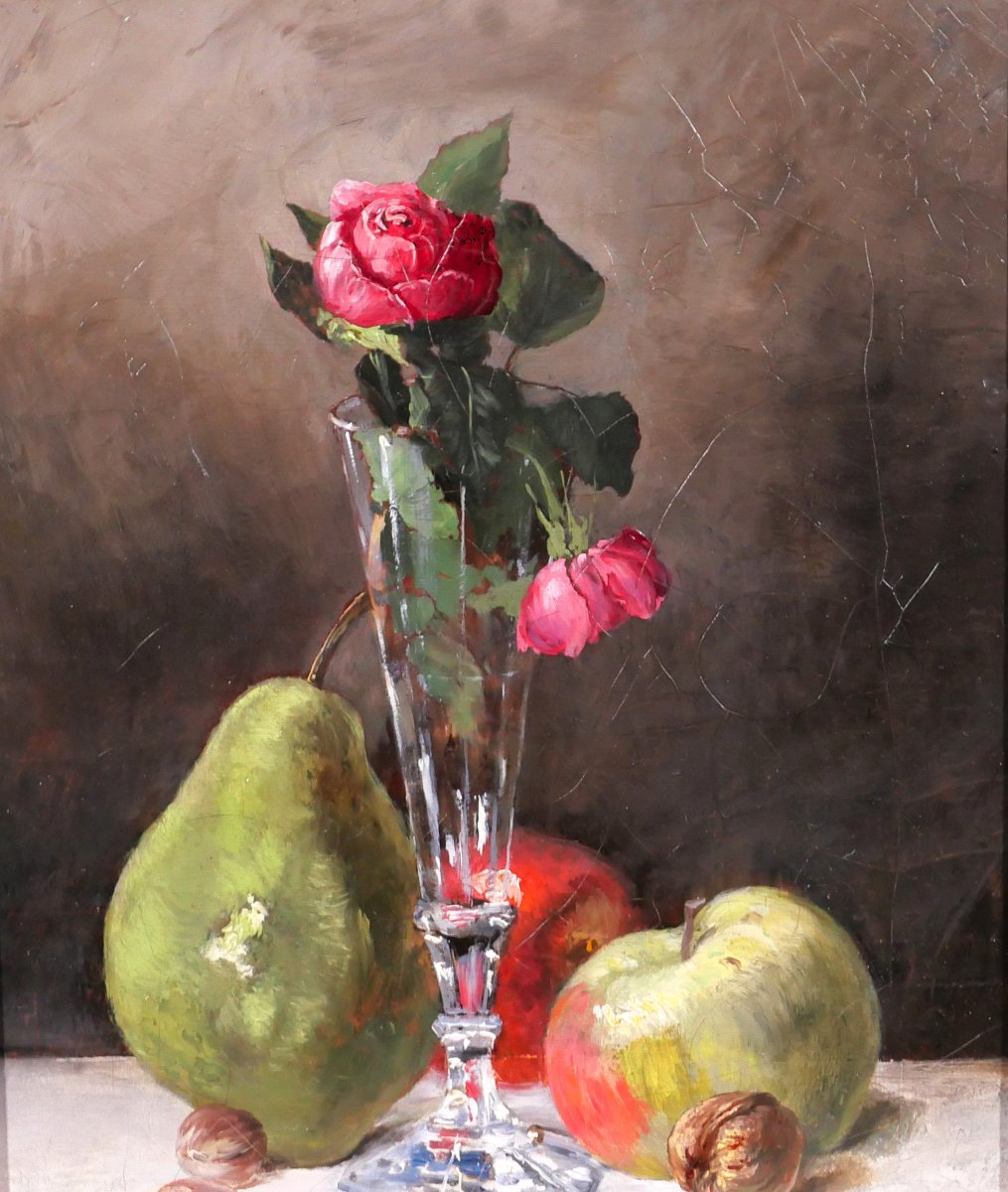 François Pierdon 1821-1904 Nature morte aux roses et aux fruits, tableau, 1884 impressionnisme-photo-3