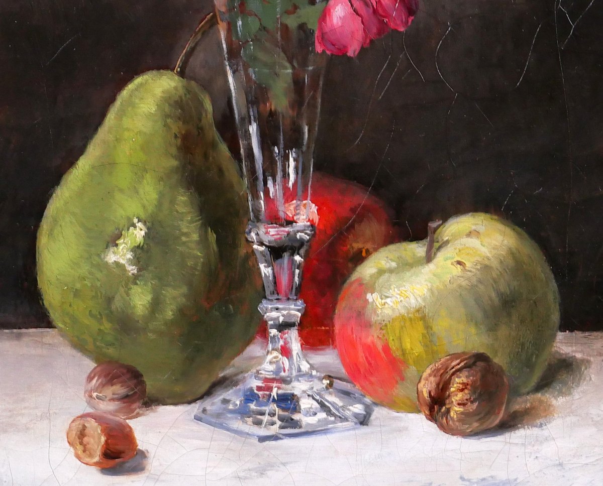 François Pierdon 1821-1904 Nature morte aux roses et aux fruits, tableau, 1884 impressionnisme-photo-2