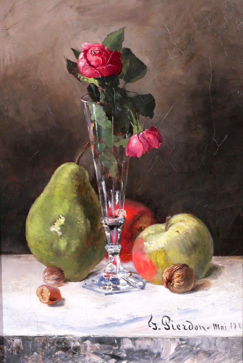 François Pierdon 1821-1904 Nature morte aux roses et aux fruits, tableau, 1884 impressionnisme