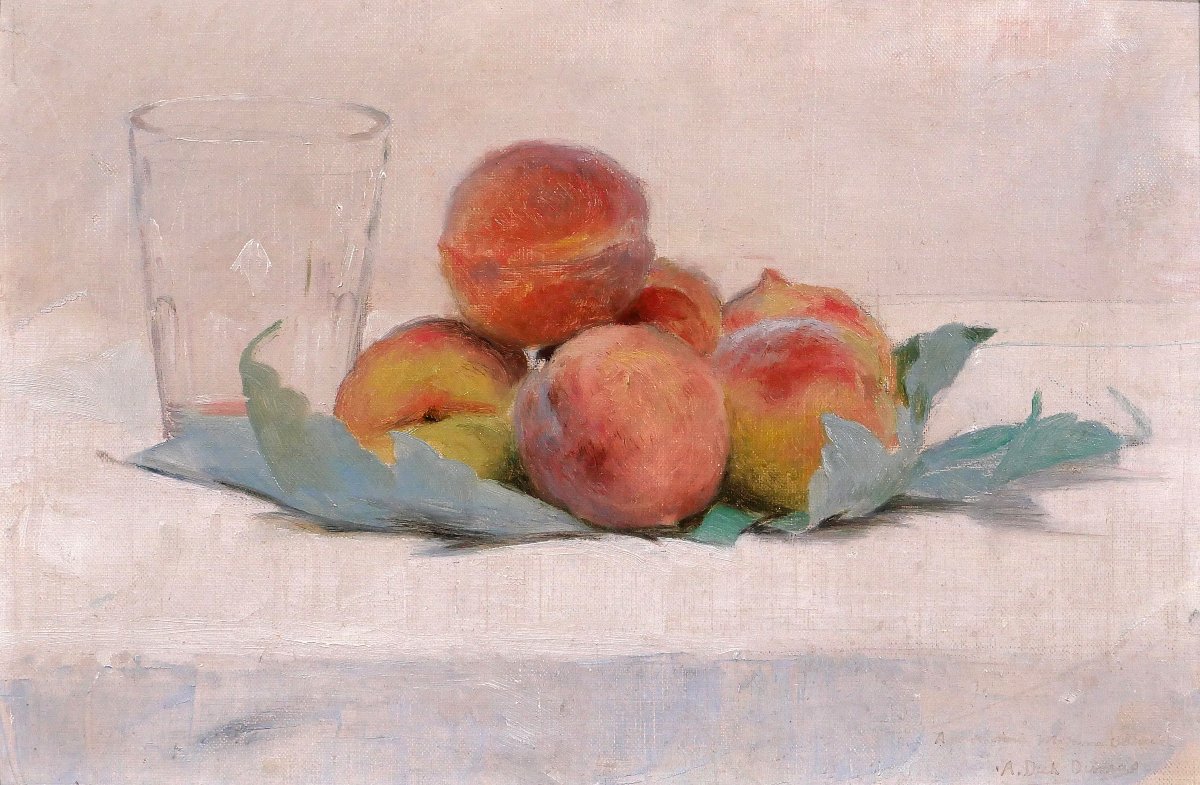 Alice Dick-dumas 1878–1962 Still Life With Peaches And A Glass, Painting C. 1900, Impressionism