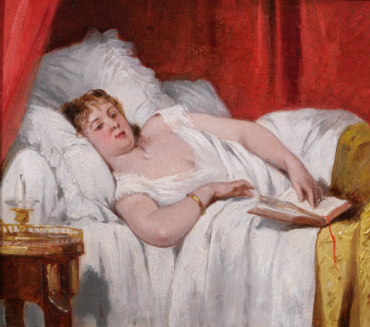 Joseph CARAUD 1821-1905 Femme au livre dans son lit, tableau 1865 impressionnisme portrait-photo-3