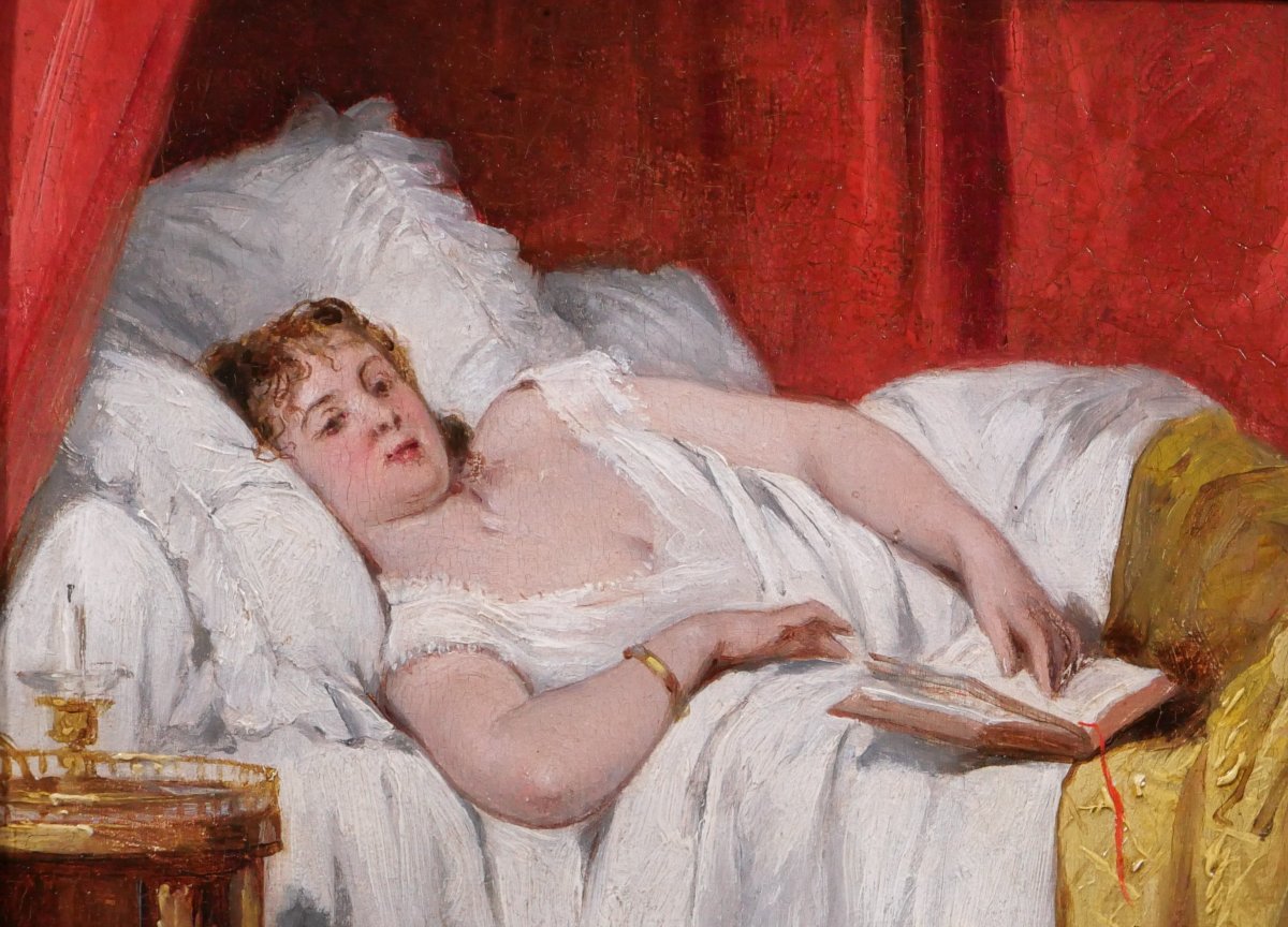 Joseph CARAUD 1821-1905 Femme au livre dans son lit, tableau 1865 impressionnisme portrait-photo-1