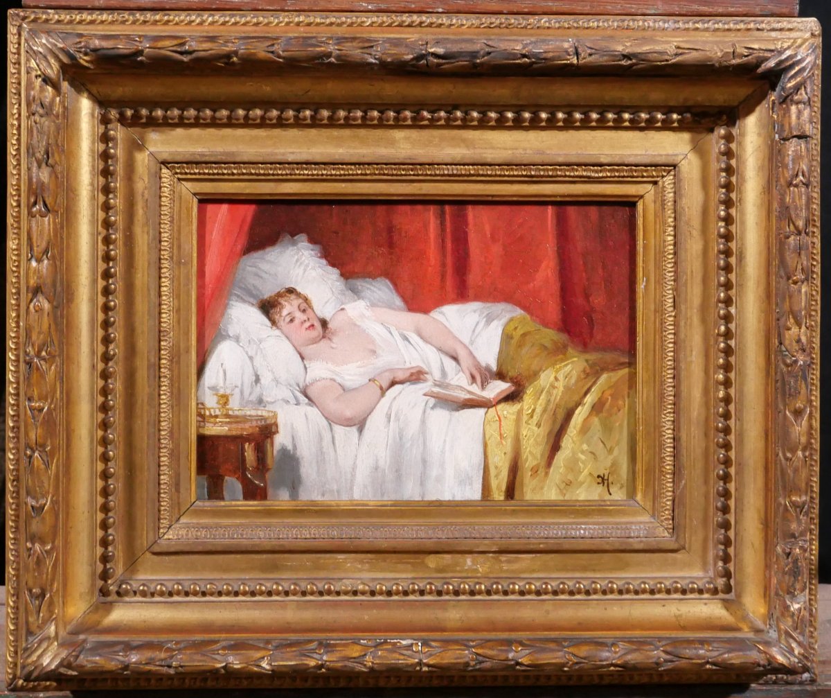 Joseph CARAUD 1821-1905 Femme au livre dans son lit, tableau 1865 impressionnisme portrait