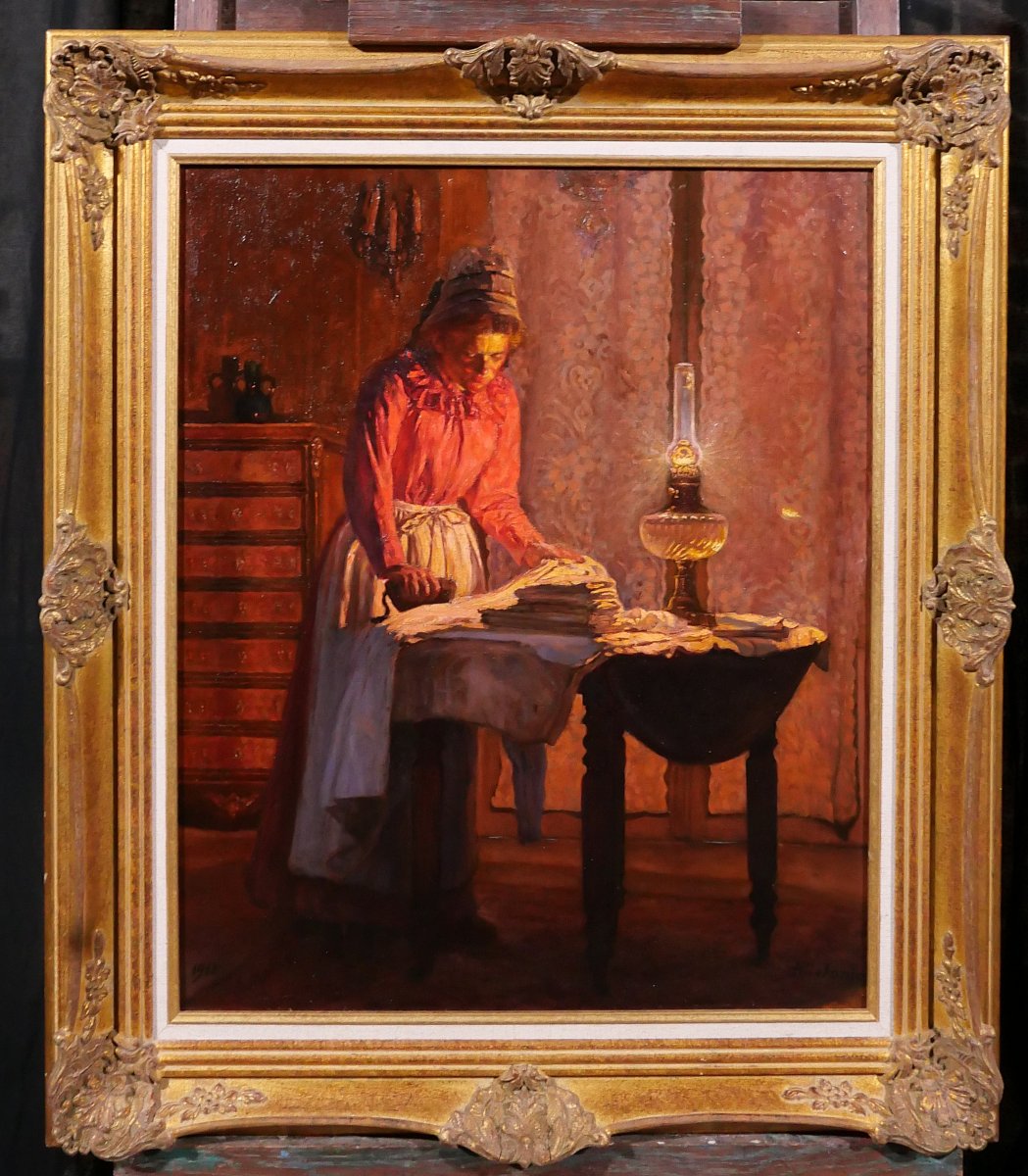 Henri JONIO 1862-1932 La repasseuse, tableau, 1911 femme intérieur impressionnisme Salon 1912-photo-2