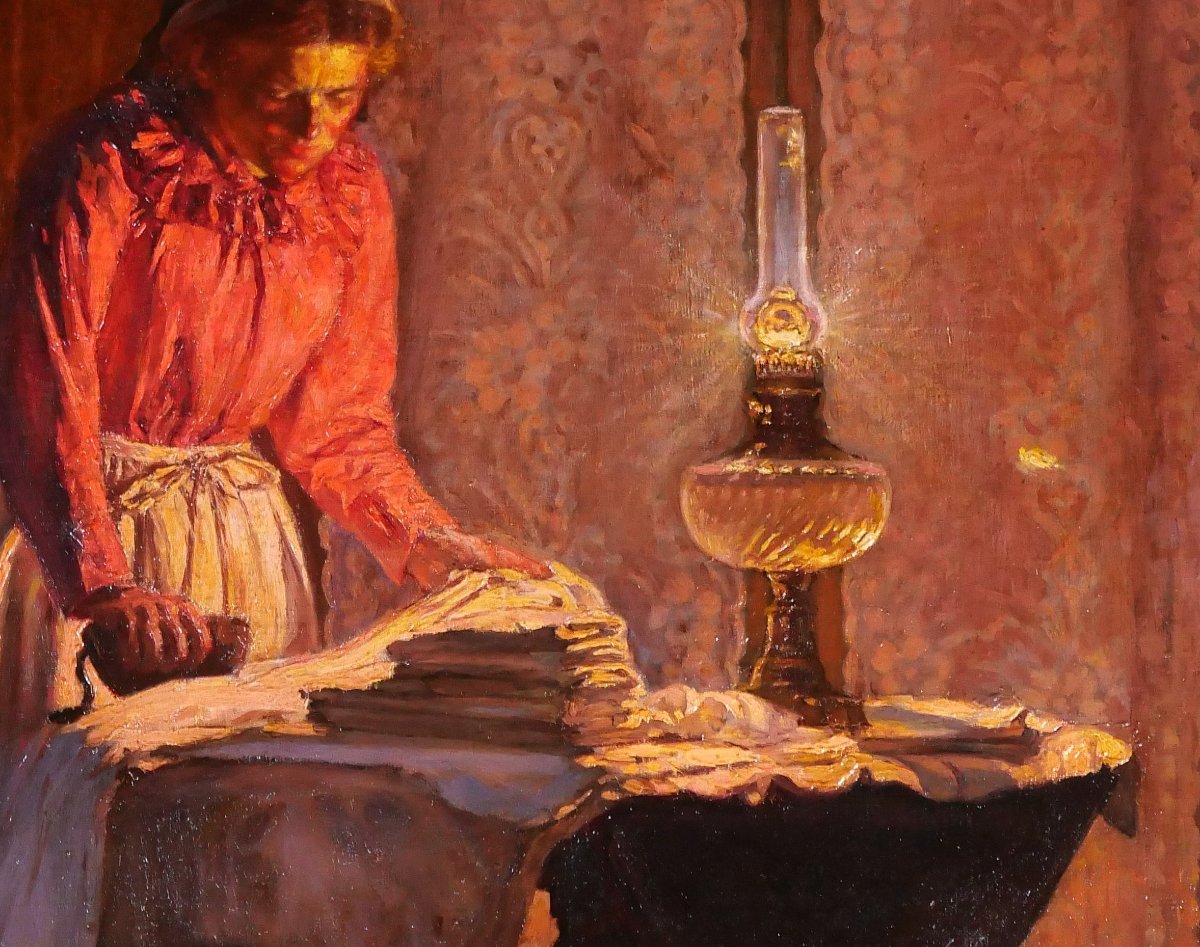 Henri JONIO 1862-1932 La repasseuse, tableau, 1911 femme intérieur impressionnisme Salon 1912-photo-3
