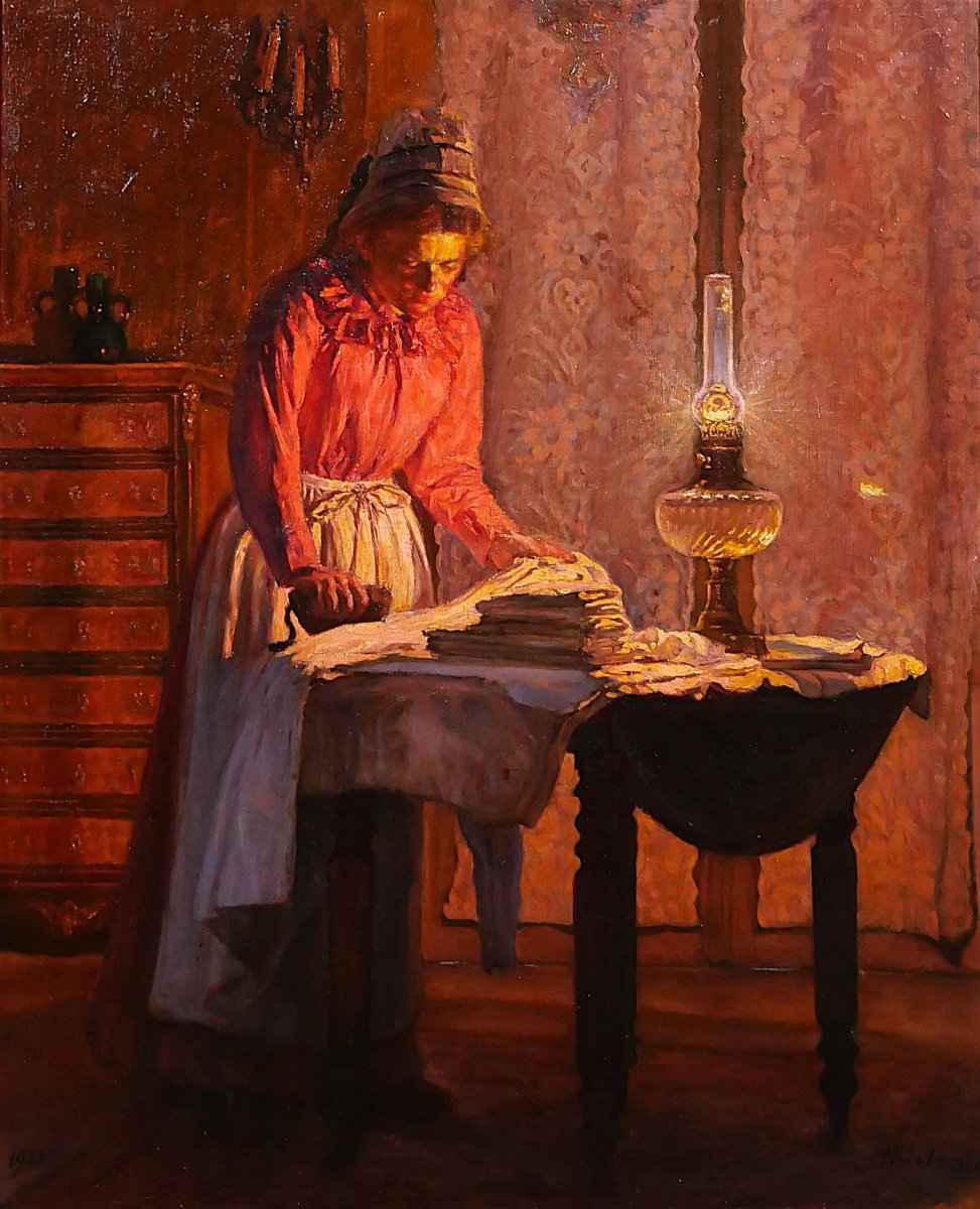 Henri JONIO 1862-1932 La repasseuse, tableau, 1911 femme intérieur impressionnisme Salon 1912