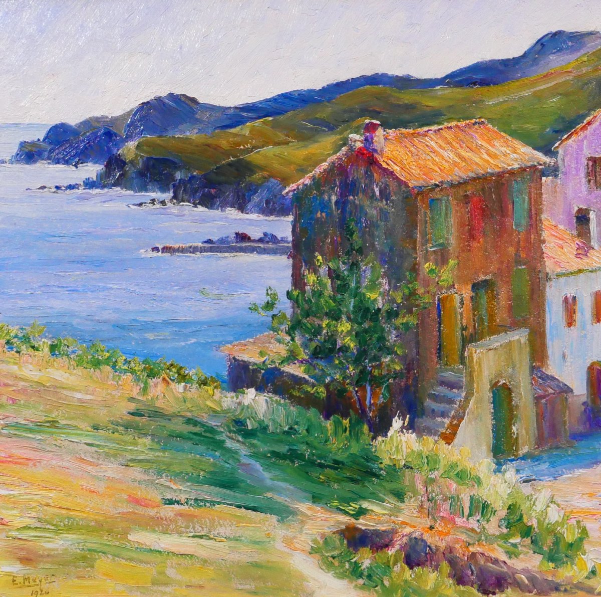 E. MEYER, Banyuls-sur-mer, tableau 1926 paysage mer Pyrénées Maillol fauvisme-photo-3