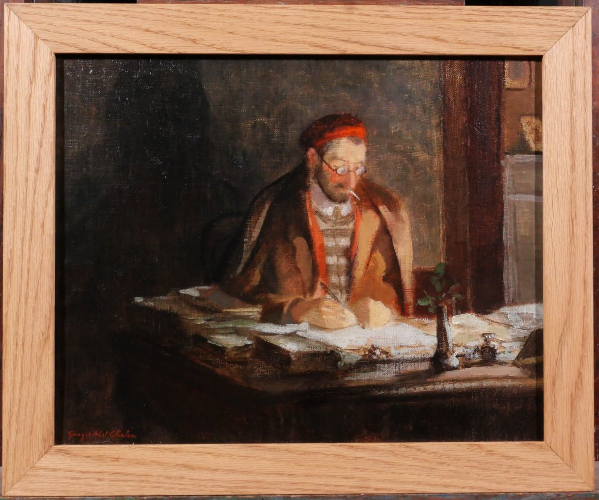 Georges Abel CHALON 1899-1976 Ecrivain à son bureau, tableau, vers 1920-30 portrait-photo-2