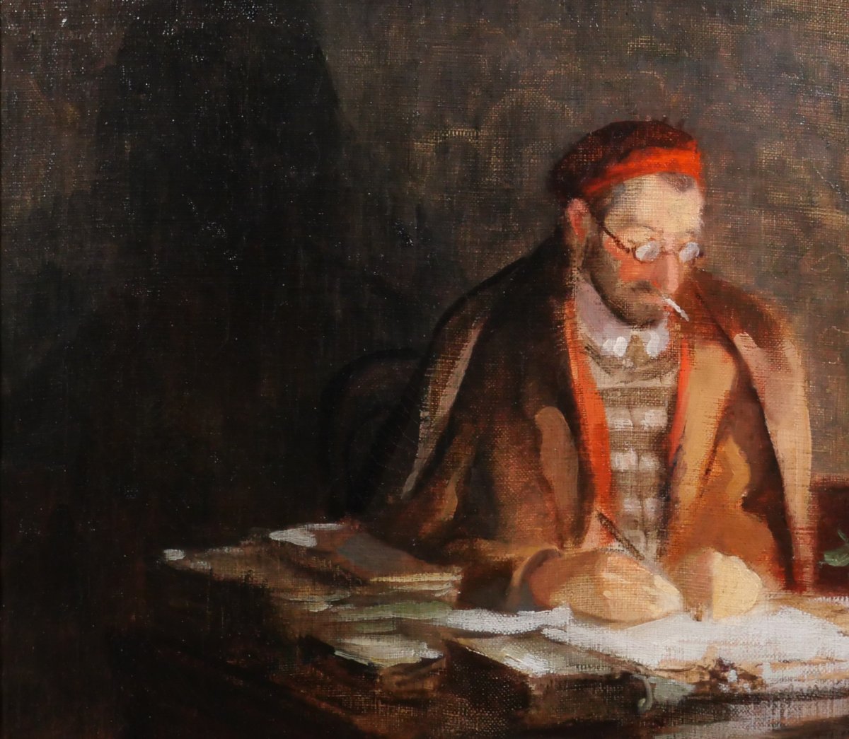 Georges Abel CHALON 1899-1976 Ecrivain à son bureau, tableau, vers 1920-30 portrait-photo-1