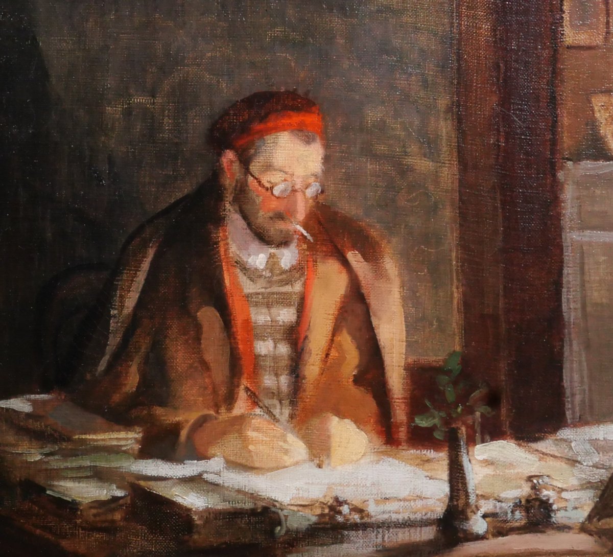 Georges Abel CHALON 1899-1976 Ecrivain à son bureau, tableau, vers 1920-30 portrait-photo-2