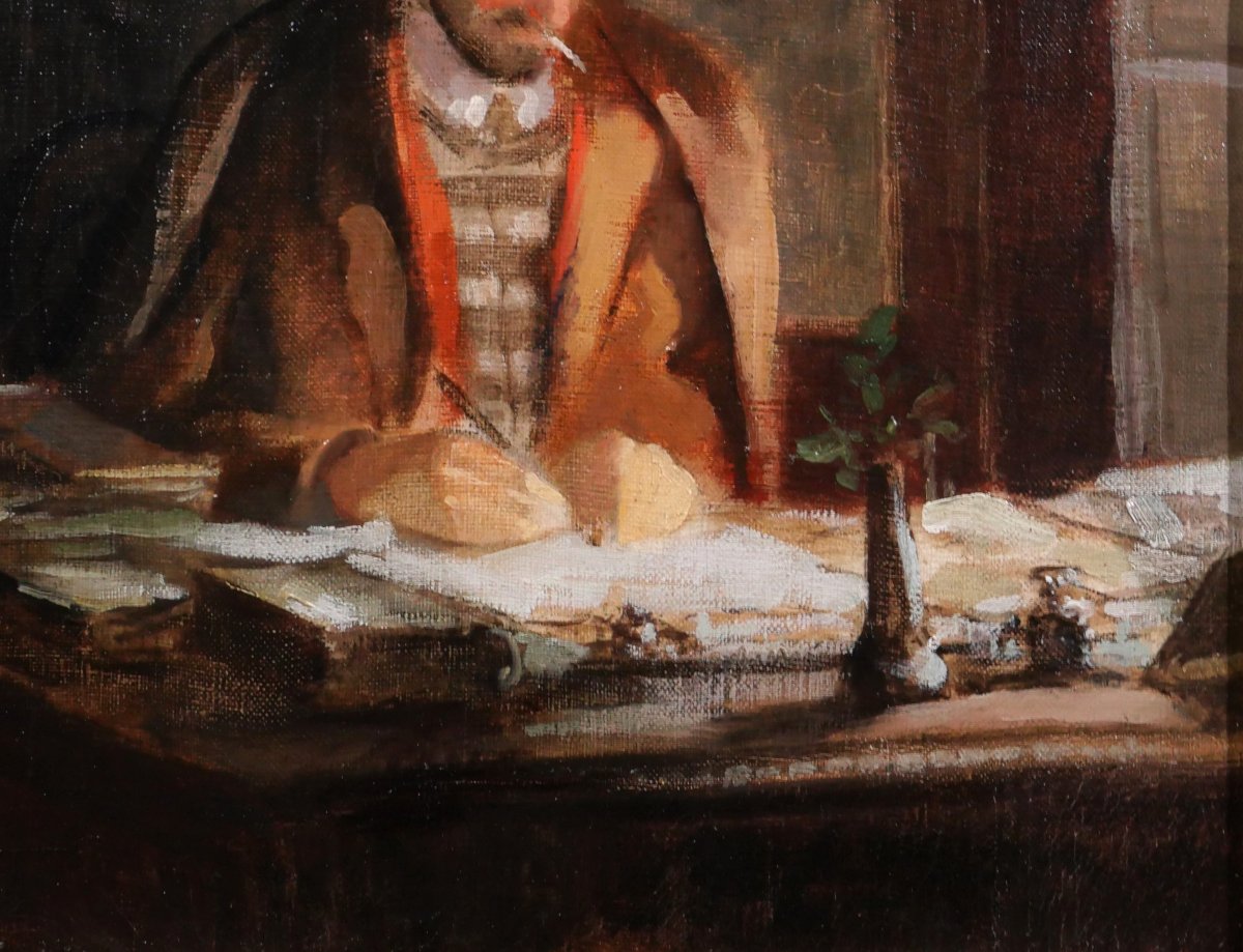 Georges Abel CHALON 1899-1976 Ecrivain à son bureau, tableau, vers 1920-30 portrait-photo-4