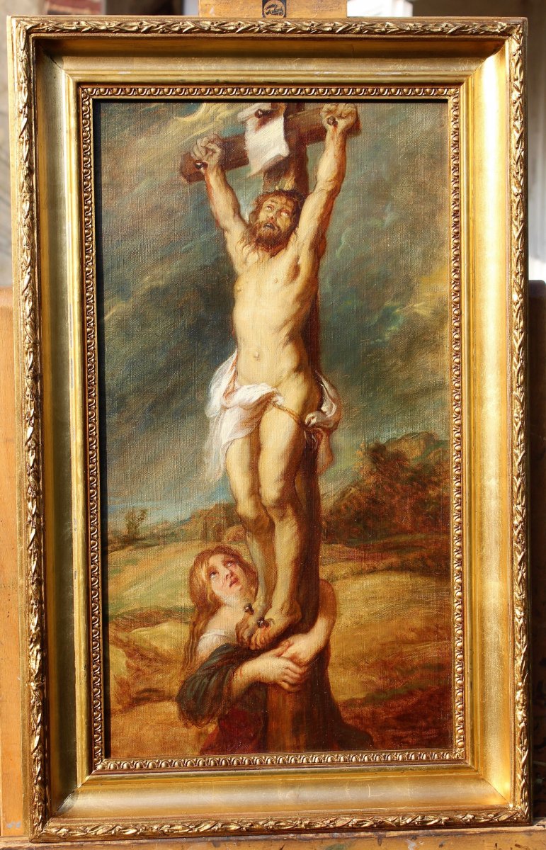 French School Circa 1850, Christ On The Cross With Mary Magdalene, Painting-photo-2