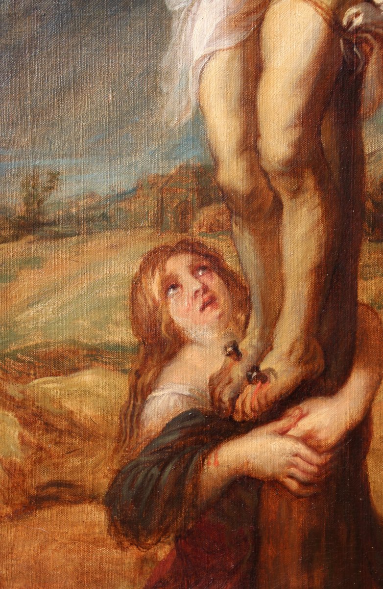 French School Circa 1850, Christ On The Cross With Mary Magdalene, Painting-photo-2