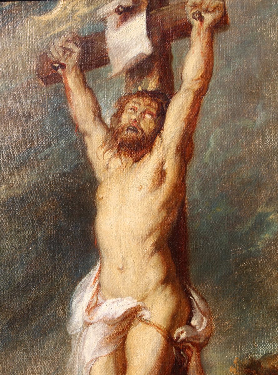 Ecole Française vers 1850, Christ en croix avec Marie-Madeleine, tableau-photo-3