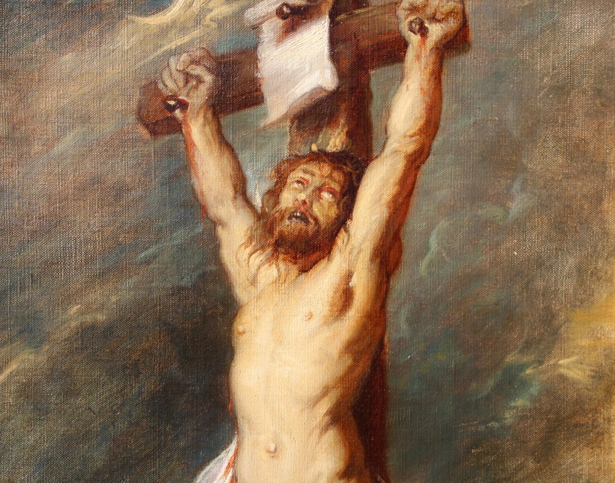 Ecole Française vers 1850, Christ en croix avec Marie-Madeleine, tableau-photo-5